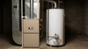 Furnace and water heater installed side by side in a basement, showing separate systems for home heating and hot water supply.