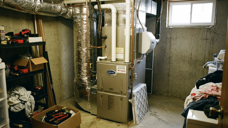 Residential gas furnace connected to ductwork and venting, operating to provide consistent indoor heating.