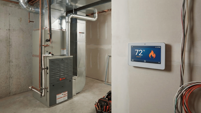Home furnace system installed in a basement alongside a smart thermostat controlling indoor temperature and heating operation.