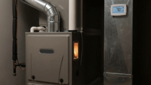 Furnace operating at high temperature with visible burner flame, a potential sign of overheating or airflow restriction.