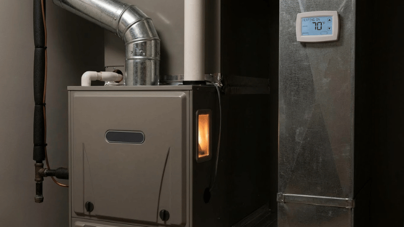Furnace operating at high temperature with visible burner flame, a potential sign of overheating or airflow restriction.