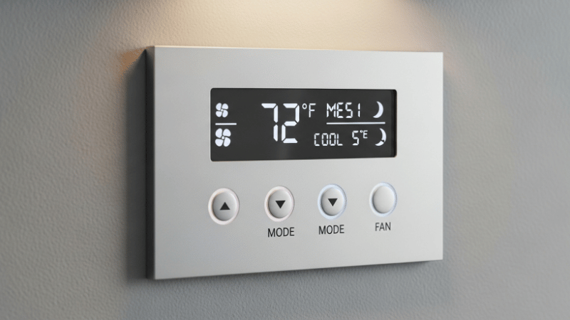 Digital wall thermostat displaying the current indoor temperature and HVAC mode settings for home climate control.