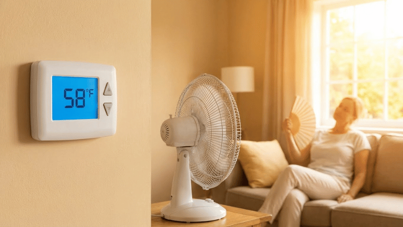 Wall thermostat displaying an incorrect indoor temperature while a homeowner uses a fan, indicating possible thermostat or airflow issues.