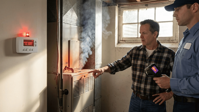 Homeowner and HVAC technician inspecting an overheating furnace with visible smoke and a triggered safety alarm, indicating a serious heating system issue.